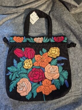 Zara Black Shoulder Bag with Multicolor Embroidered Flowers